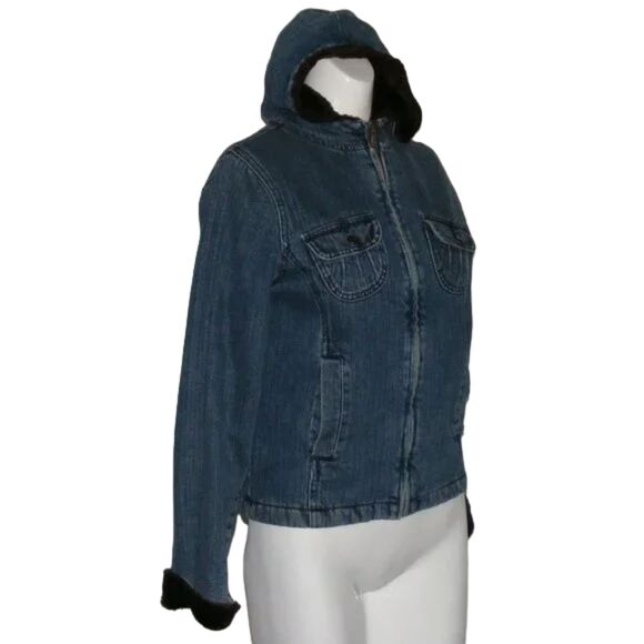 Vintage LEE Hooded Denim Coat, YL, Blue, Brown Fuzzy lining, Zipper, Pockets - Picture 2 of 15